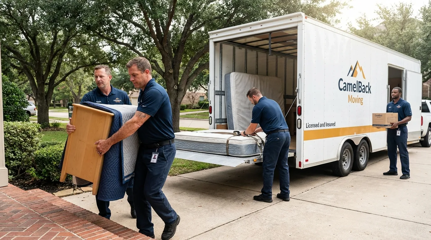 Crew loading residential truck for cross-state move from Enterprise, OR