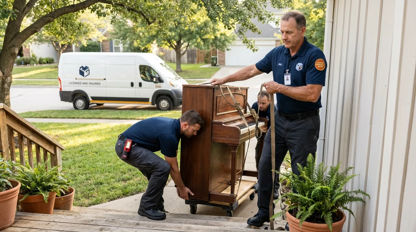 Licensed piano movers securing grand piano in Enterprise, OR