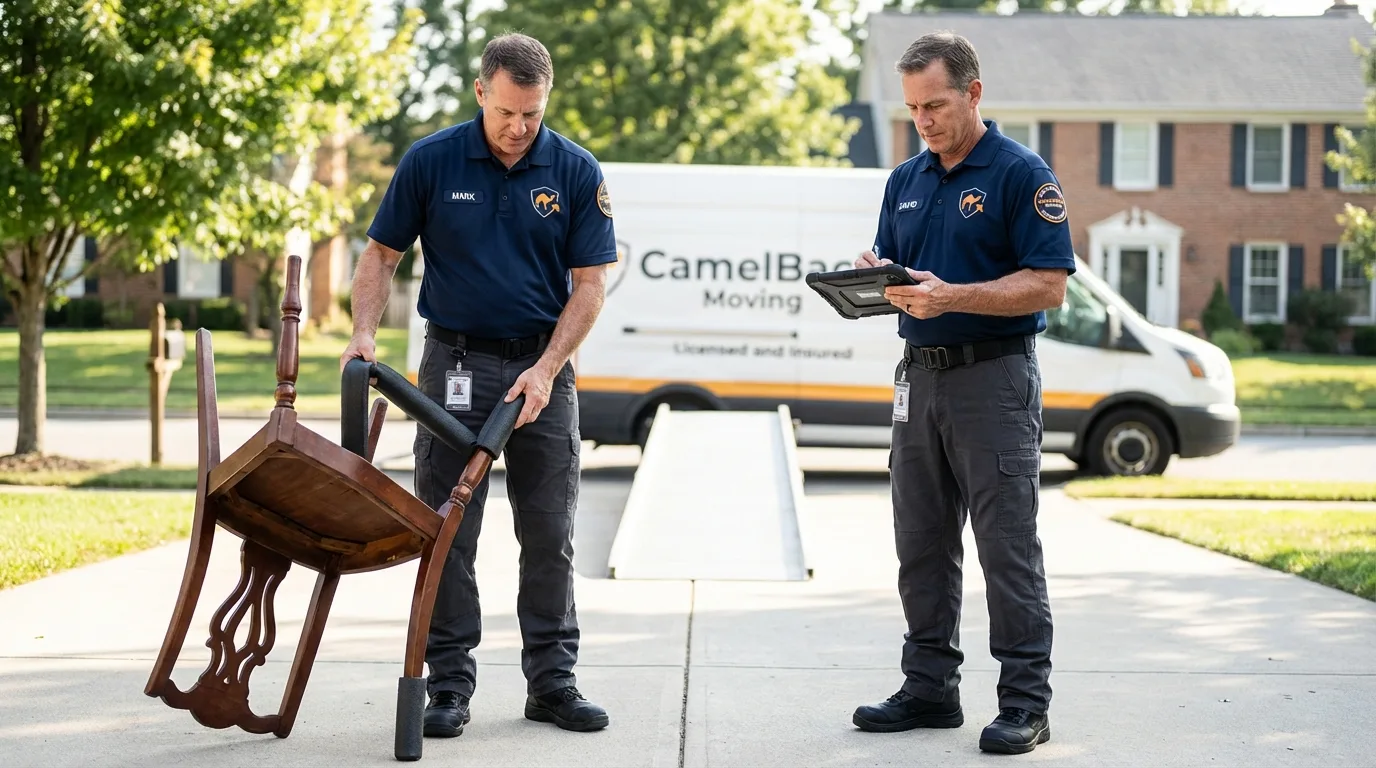 Movers inspecting furniture for damage prevention before loading in Enterprise, OR