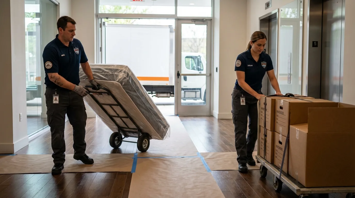 Professional apartment movers loading elevator in Enterprise, OR